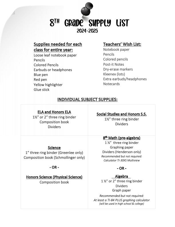  8th Grade Supply List